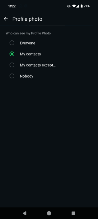 Changing visibility settings for WhatsApp profile photo in Android app.