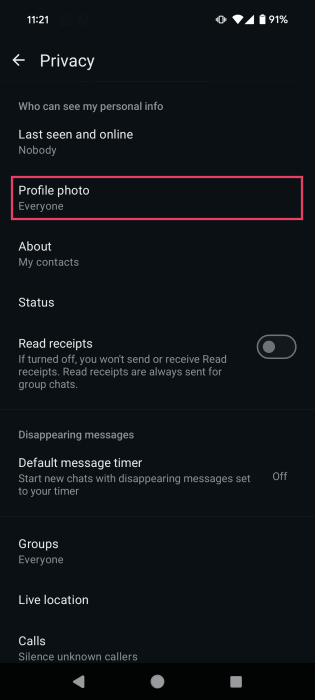 Tapping on "Profile photo" option in Privacy settings in WhatsApp.