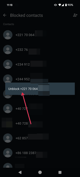 Unblocking number in WhatsApp on Android.