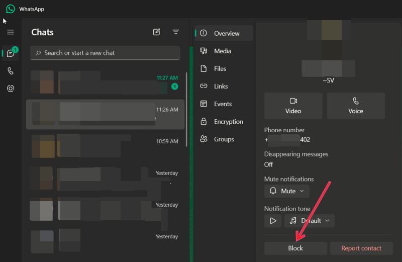 Blocking a contact in WhatsApp desktop client.