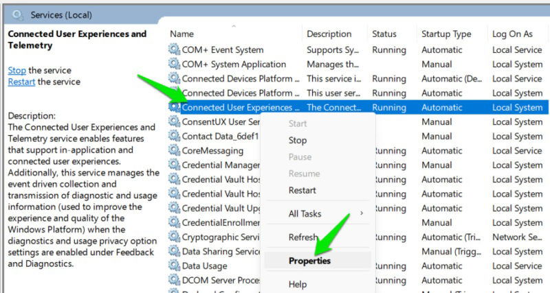 A Windows service context menu with properties highlighted